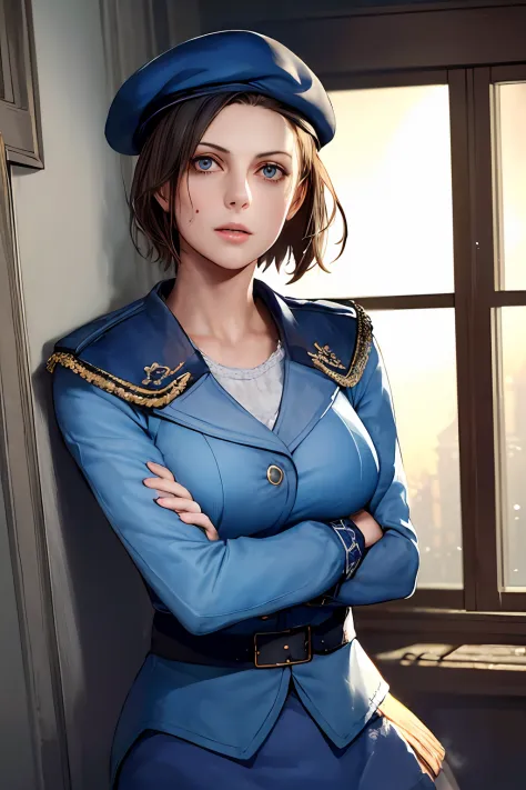 1girl, portrait of jillvoth, beret, shoulder pads, blue military uniform, shirt, (blood on face), scared, afraid, parted lips, o...