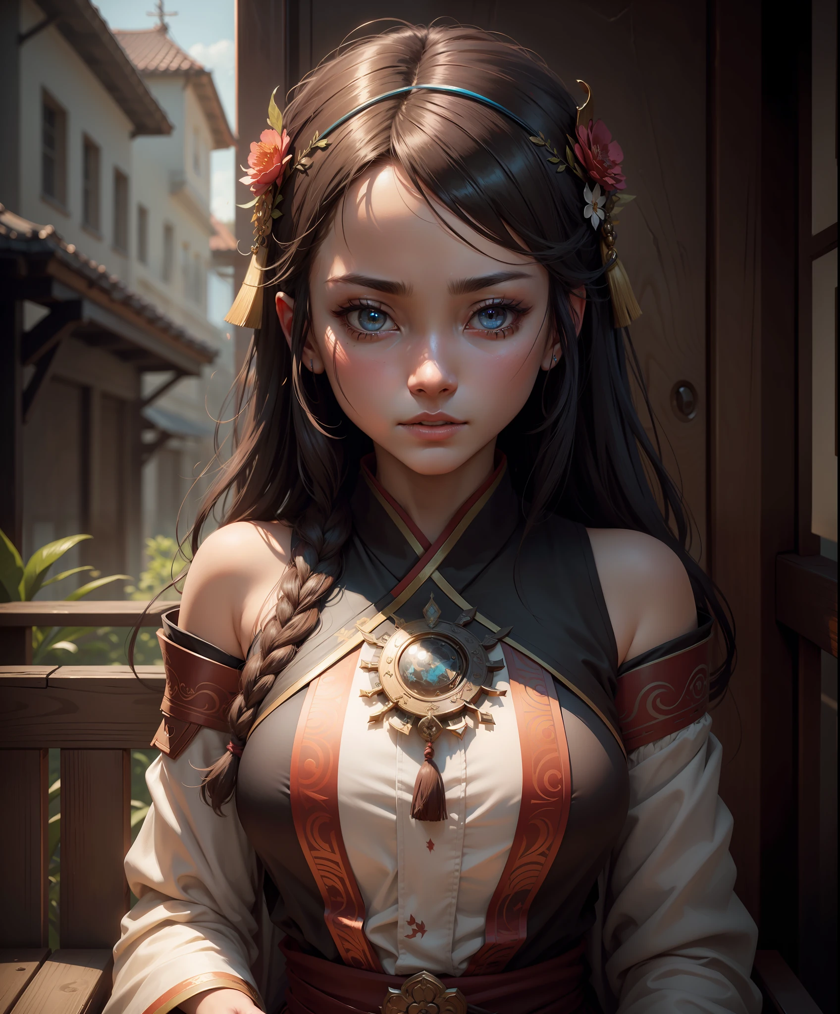 solo,absurdres , (intricate details), (colorful),finely detailed beautiful eyes,cinematic lighting,bust shot,extremely detailed CG unity 8k wallpaper,masterpiece, sitting,1girl,yae miko outfit on japanese,looking at viewer,(intricate details), best quality, v1101, backlight, intense gaze, cinematic lighting, art by Grzegorz Rutkowski,