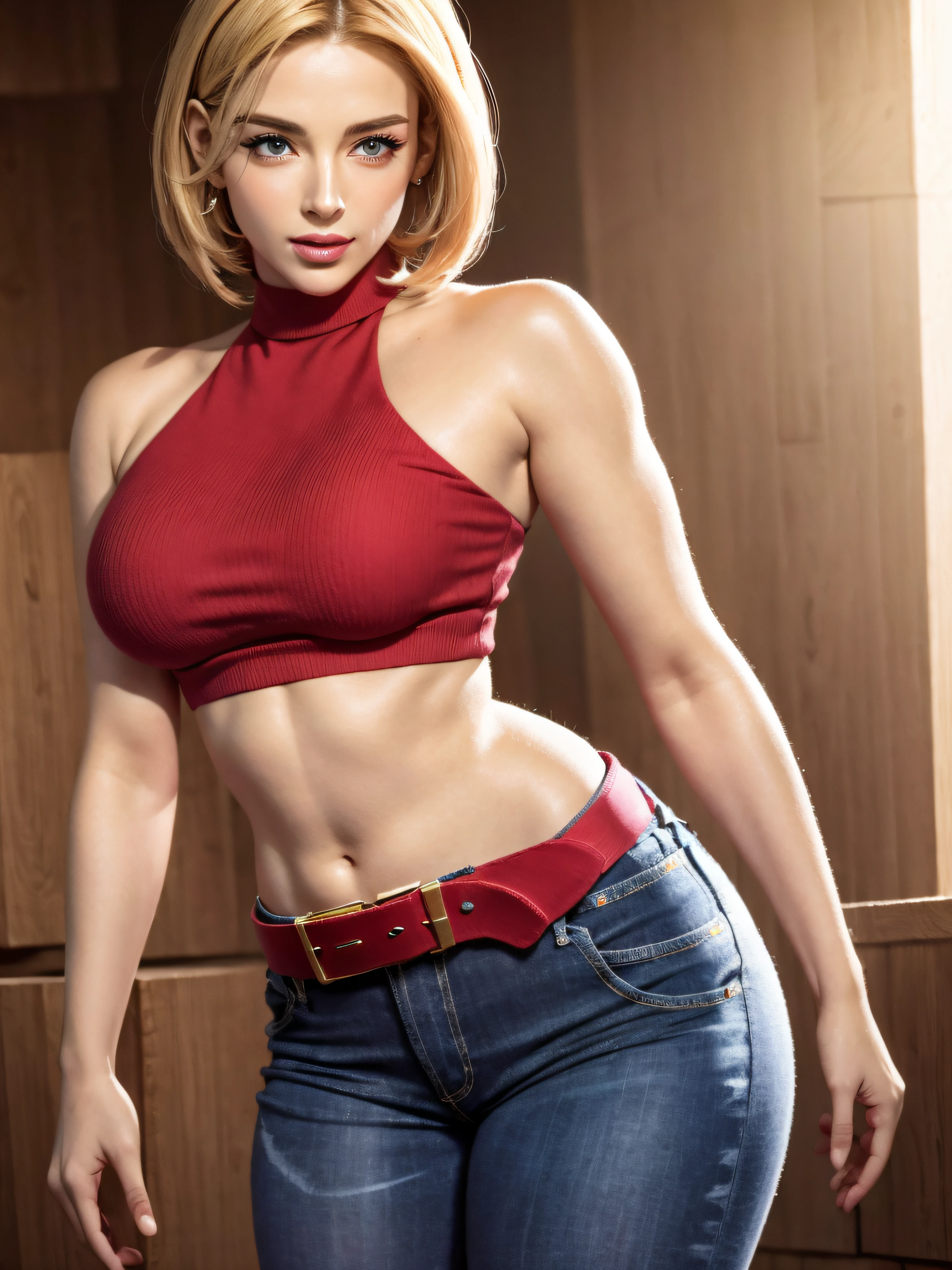 Blue Mary cosplay, melhor qualidade, (beleza), rosto garota 20 anos, rosto bonito, obra-prima, cropped vermelho, blusa vermelha, jeans with brown belt,  Physics-based rendering, ultra highres, cintura estreita, magro, olhos grandes, pernas longas, (seios pequenos), olhos inchados, noite, (cidade chuvosa), pele brilhante , de frente para o espectador, firm expression, realista, mulher, sexy,