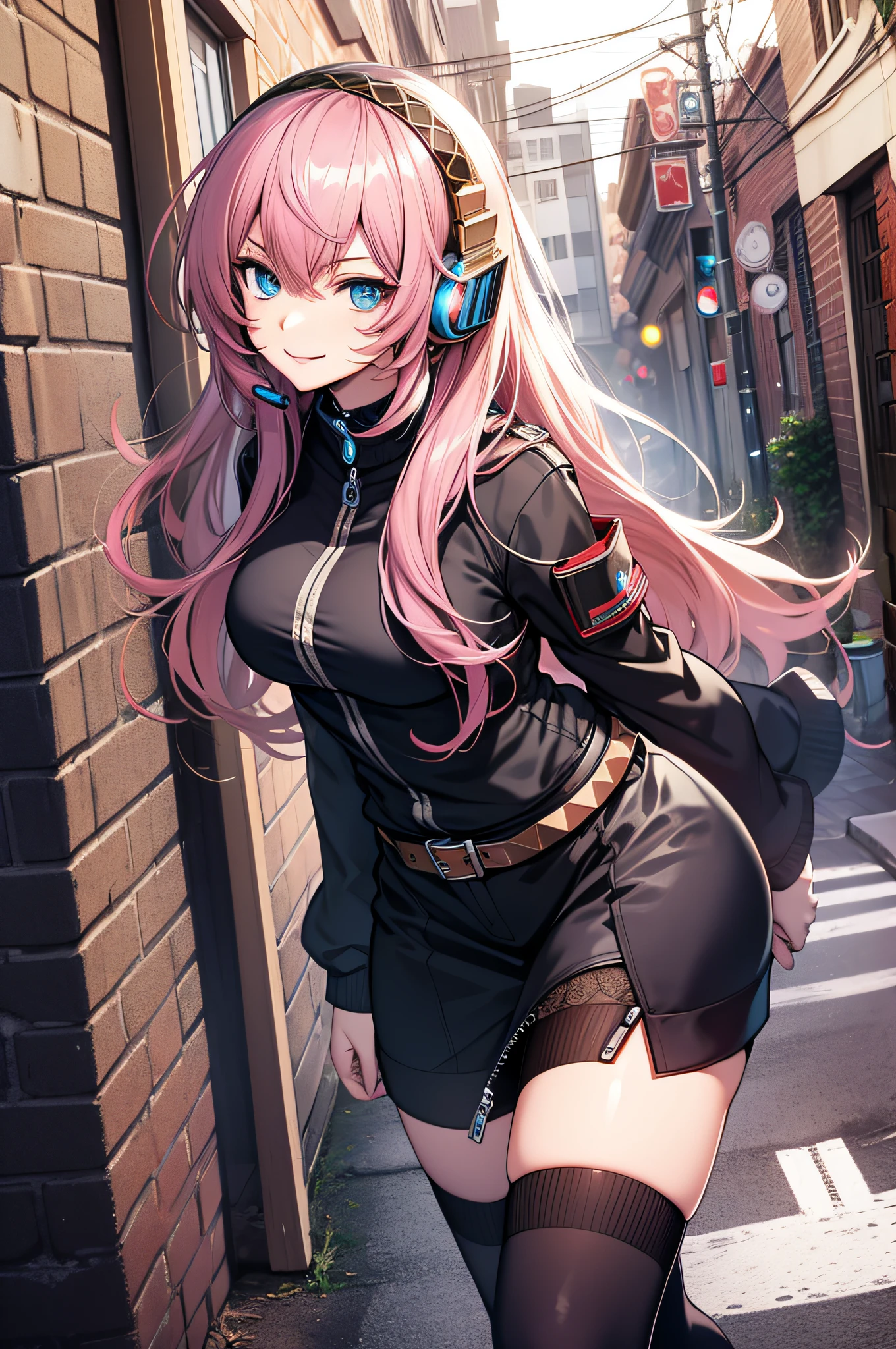 (masterpiece, best quality:1.2), solo, 1girl, megurine luka, smile, looking at viewer, headphones, lukadef, pelvic curtain, black thighhighs,street, dark blue eyes, shining lower half eyes, light smile, black round pupil