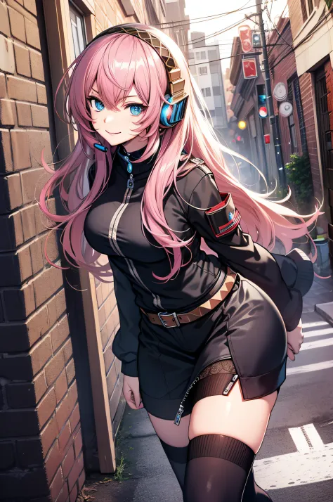 (masterpiece, best quality:1.2), solo, 1girl, megurine luka, smile, looking at viewer, headphones, lukadef, pelvic curtain, blac...