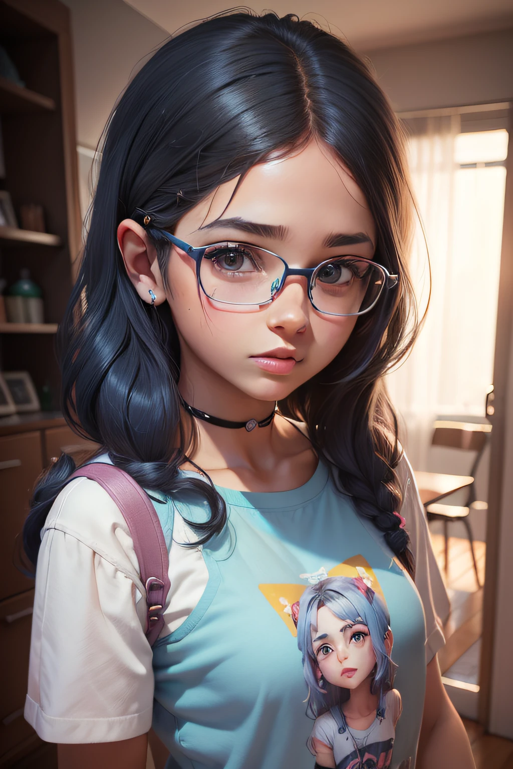 A woman with glasses and a t - shirt is posing for a picture - SeaArt AI