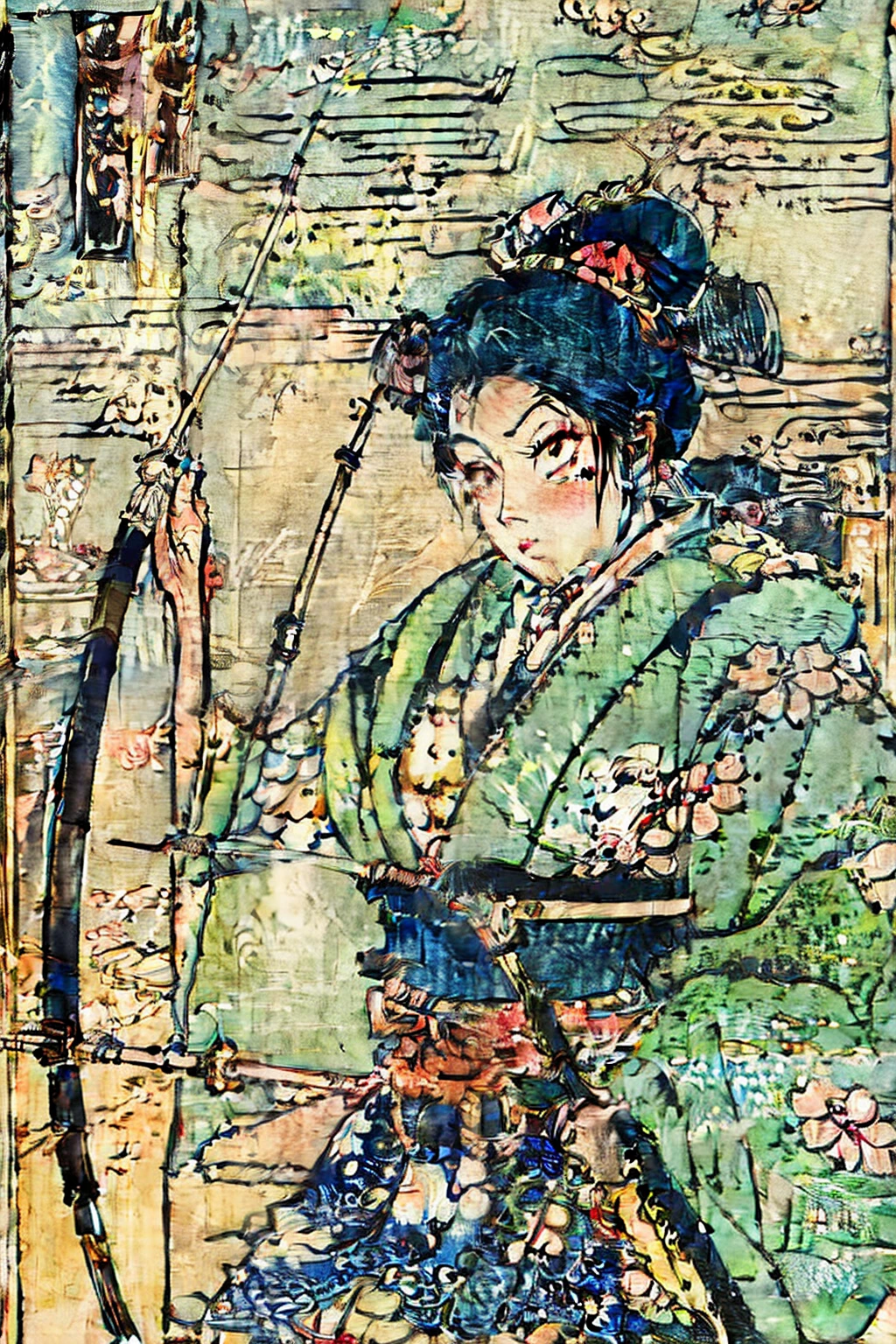 (((女性の正面の肖像画,))) 絵画, カセイ文化, Ukiyo-e (by Katsushika Hokusai) 1女性, 一人で, 日本の伝統的な弓道の服で, 左手に長弓、右手に矢を持ち、ゆがけを着て (右手 弓道 レザーグローブ), 青とピンクの着物を着る, 剣道袴を着る, 黒 ユミボウ, 伝統的な弓道場の設定で, 背景に木の床とマトのターゲット