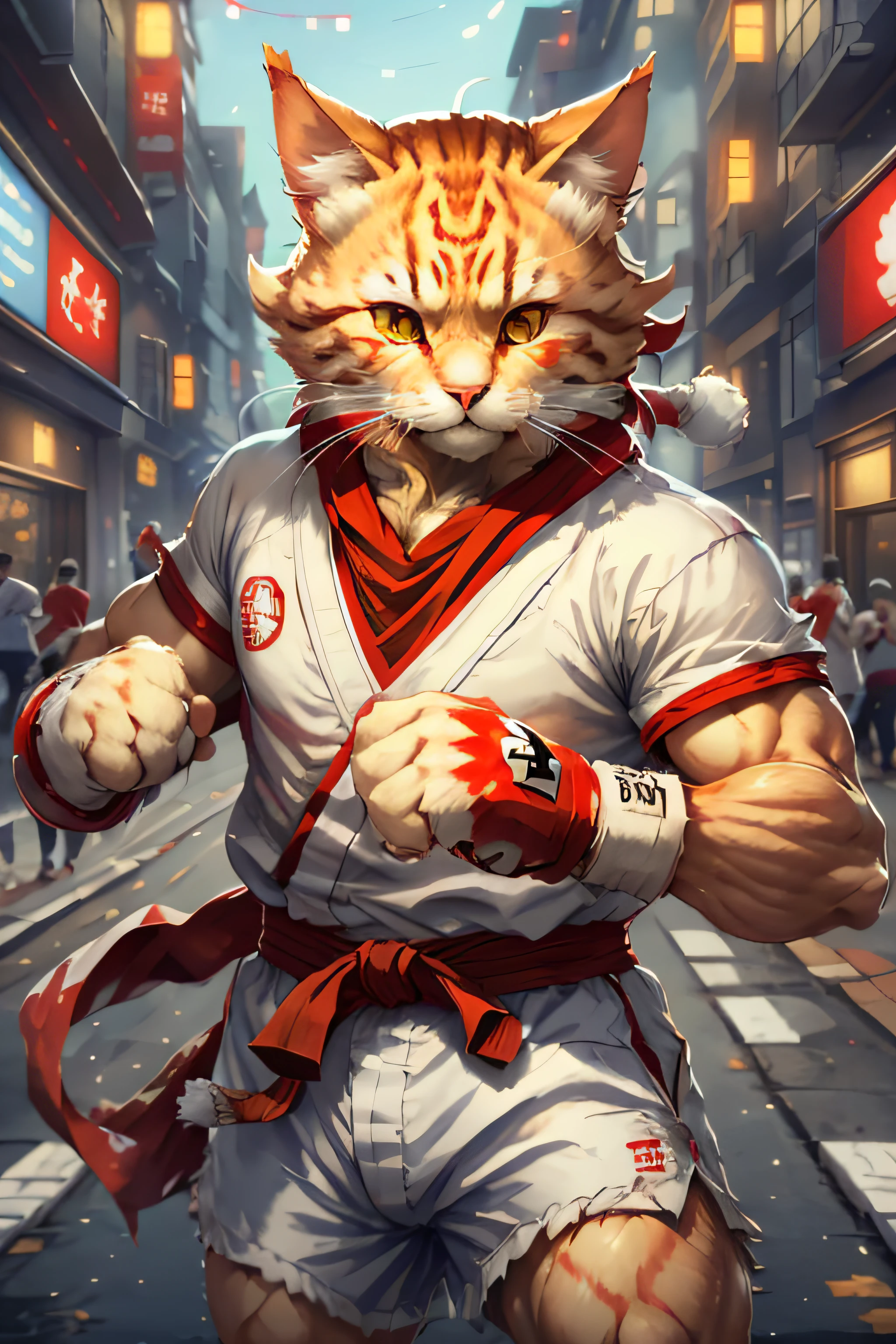 Anime cat in a street with a red sash and white shirt - SeaArt AI