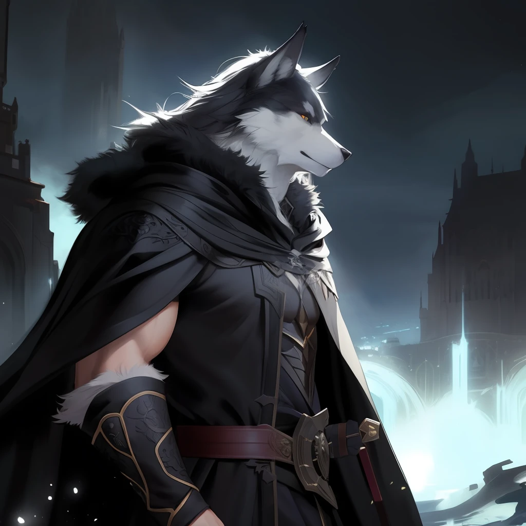 black cloak,Ruan Jia,Pino Daeni,darkgem,dimwitdog,muscular male wolf anthro, (detailed face), (detailed fluffy fur)