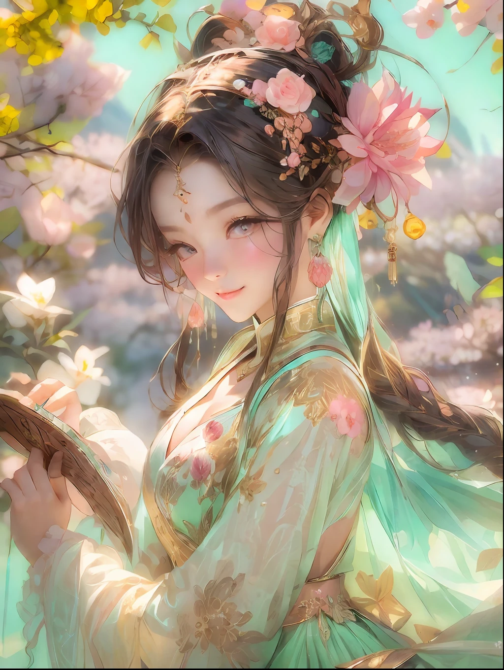 Highest image quality，tmasterpiece，Beautiful CG，crystal，Pink apricot blossoms anthropomorphize，Delicate and beautiful face，beautidful eyes，aquarelle、Splash ink、chinese paintings、brown crystal eyes、Long hair in period costume、long  skirt、Period costumes、Delicate apricot hair accessories，Broken glass、Crystal mine、Golden apricot flower、Golden petals、high light，The petals wither and fall off，Rich in graphics、Absolutely beautiful，Attractive cleavage，Impeccable，Dreamy retouching、ultraclear，k hd、8K（Yangchun March，Beautiful woman flying kite，Song dynasty women's clothing，Pantone color aqua green crystal，Comb well，Lively and agile，Smiling like a flower，Light and flowy，Chen Di Qili Youchun Road，playing and flying kites，Grow apricot blossoms）Mountain village water pavilion，Standing painting with a long view，rays of sunshine