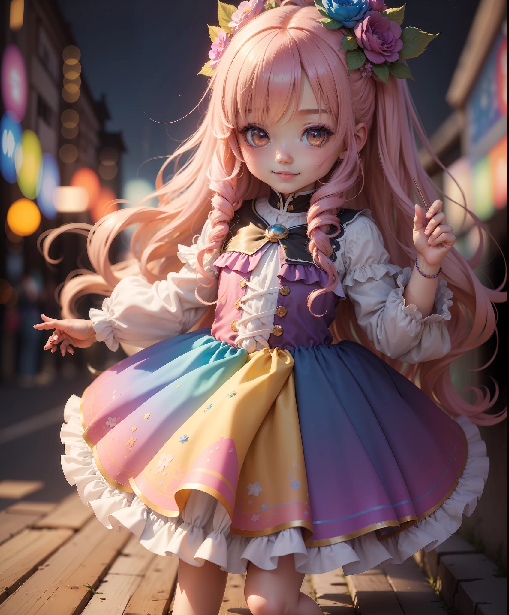 ((best quality)), ((masterpiece)), ( extreme detailed, highest detailed, official art, beautiful and aesthetic:1.2),  depth, composition, FULL BODY, CHIBI,  Cute, beautiful eye, colorful ombre hair, rainbow gradient outfit, smilling, bokeh, bloom, blurred background,