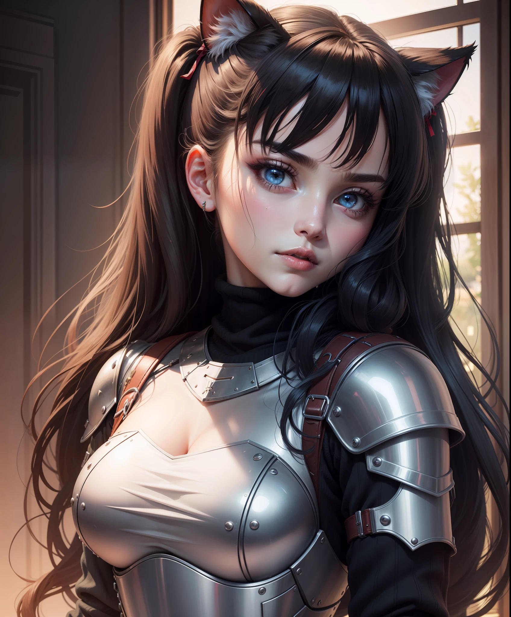 realistic, metal reflections, 3dmm style,realistic, 1girl, black hair, red eyes, slit eyes, glowing eyes, oversized shirt, parted lips, blush, cat ears, wet shirt, sweaty, 3dmm style,realistic,a photo of a woman in armor, War_Glam,edgMothKnight, full armor,helmet,armor,extra arms,breastplate, dainty, perfect face, pretty face, light blue eyes, lush detail, absurdres,, masterpiece, best quality,, 1girl, tohsaka rin, solo, long hair, sweater, red sweater, looking at viewer, blue background, black hair, simple background, two side up, turtleneck, blue eyes, lips, closed mouth, ribbon, hair ribbon, bangs, turtleneck sweater, upper body, parted bangs, black ribbon, ribbed sweater, twintails, nose, 3dmm style,(masterpiece, top quality, best quality, official art, beautiful and aesthetic:1.2), (fractal art:1.3), 1girl, beautiful, high detailed, purple hair with a hint of pink, pink eyes, dark lighting, serious face, looking the sky, sky, medium shot, black sweater, jewelry,