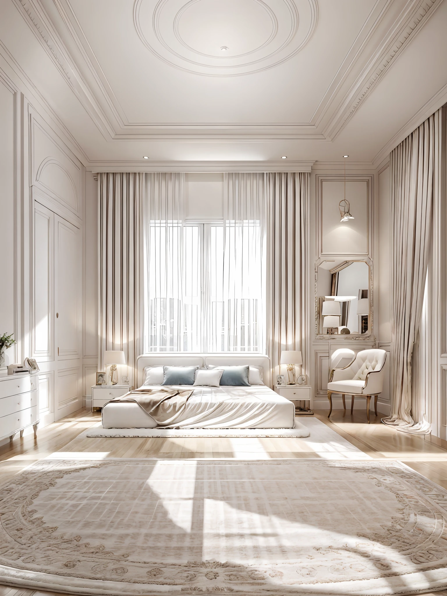 bedroom design, neoclassical style, image layout close to outline, 1 bed, 2 tabs, 1 dressing table, 1 blue curtain, 2 wall decorations, flat plaster ceiling white, ((white rug:1.2)), ((whiten tone:1.2)), glossy marbel floor, whiten tone, (((warm light:1.1))) (((open pose:1.3)))