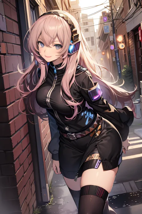 (masterpiece, best quality:1.2), solo, 1girl, megurine luka, smile, looking at viewer, headphones, lukadef, pelvic curtain, blac...