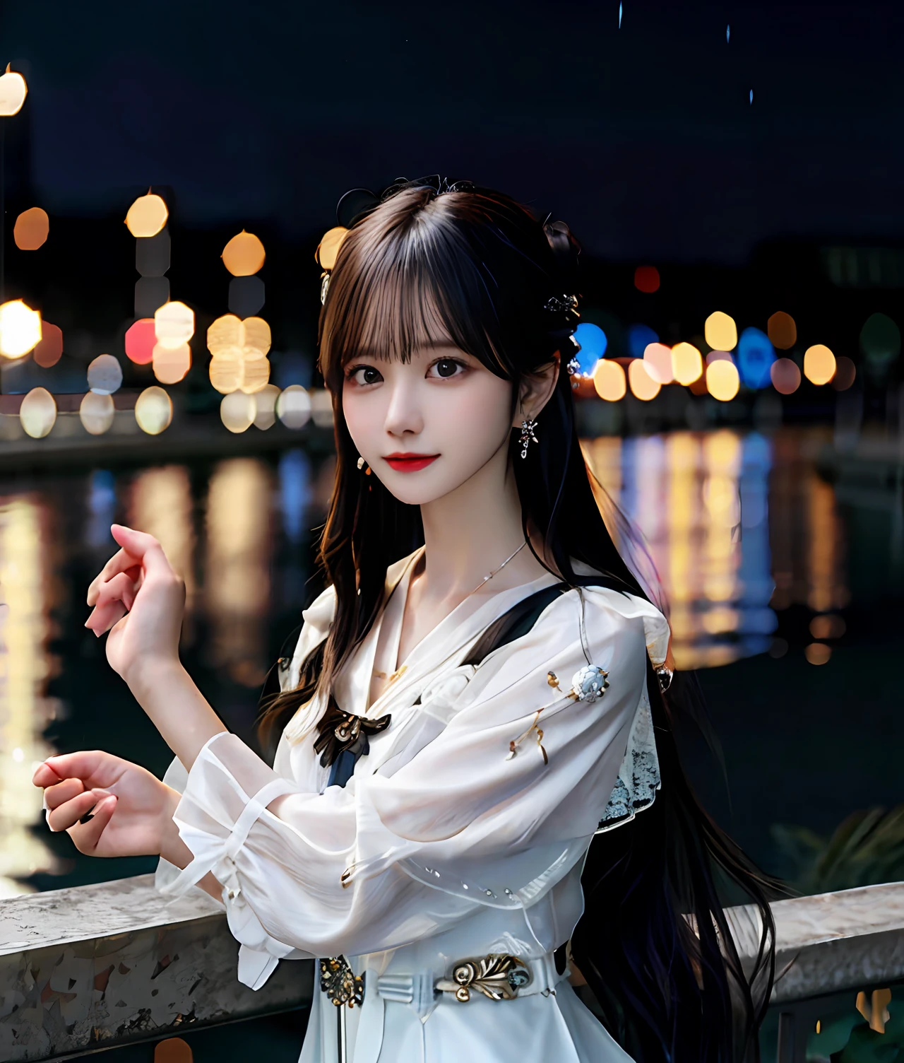 (realisticity: 1.2), best quality, masterpiece, highres, cg,
1girl, weapon, sword, long hair, dress, water, solo, jewelry, white dress, earrings, hair ornament, splashing, upper body super realistis, hair bun, black hair, city bacgraun realistis,
lighting,candid, Photograph, high resolution, 4k, 8k, Bokeh,