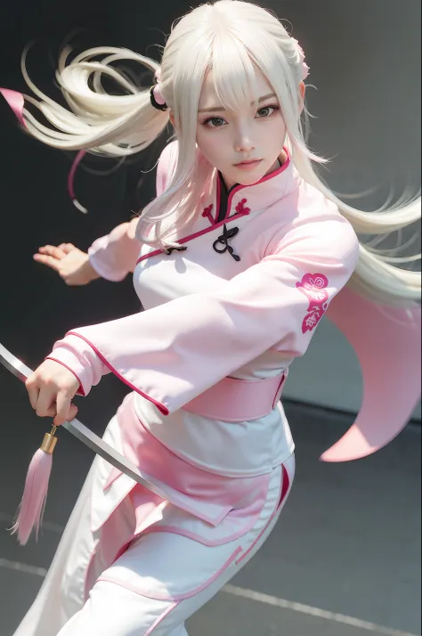 Pink cheongsam，Combat posture，holding knives，Wavy white hair，Long-legged beauty ninja，Foxtail