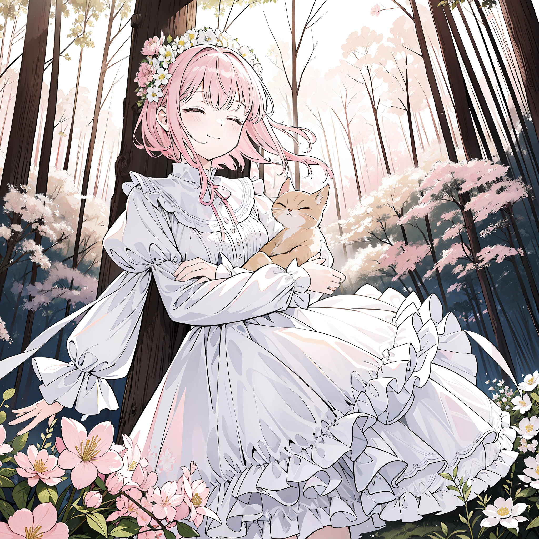 1 girl, solo, best quality, ultra detailed, , (happy:1.4), closed eyes,
pink hair, medium hair, looking away,
from front, from below, portrait, hugging the brown kitten, \(kitten has its mouth closed\),
white dress, blue ribbon, long sleeves, standing,
in the forest, flower garden, warm sunlight filtering through trees