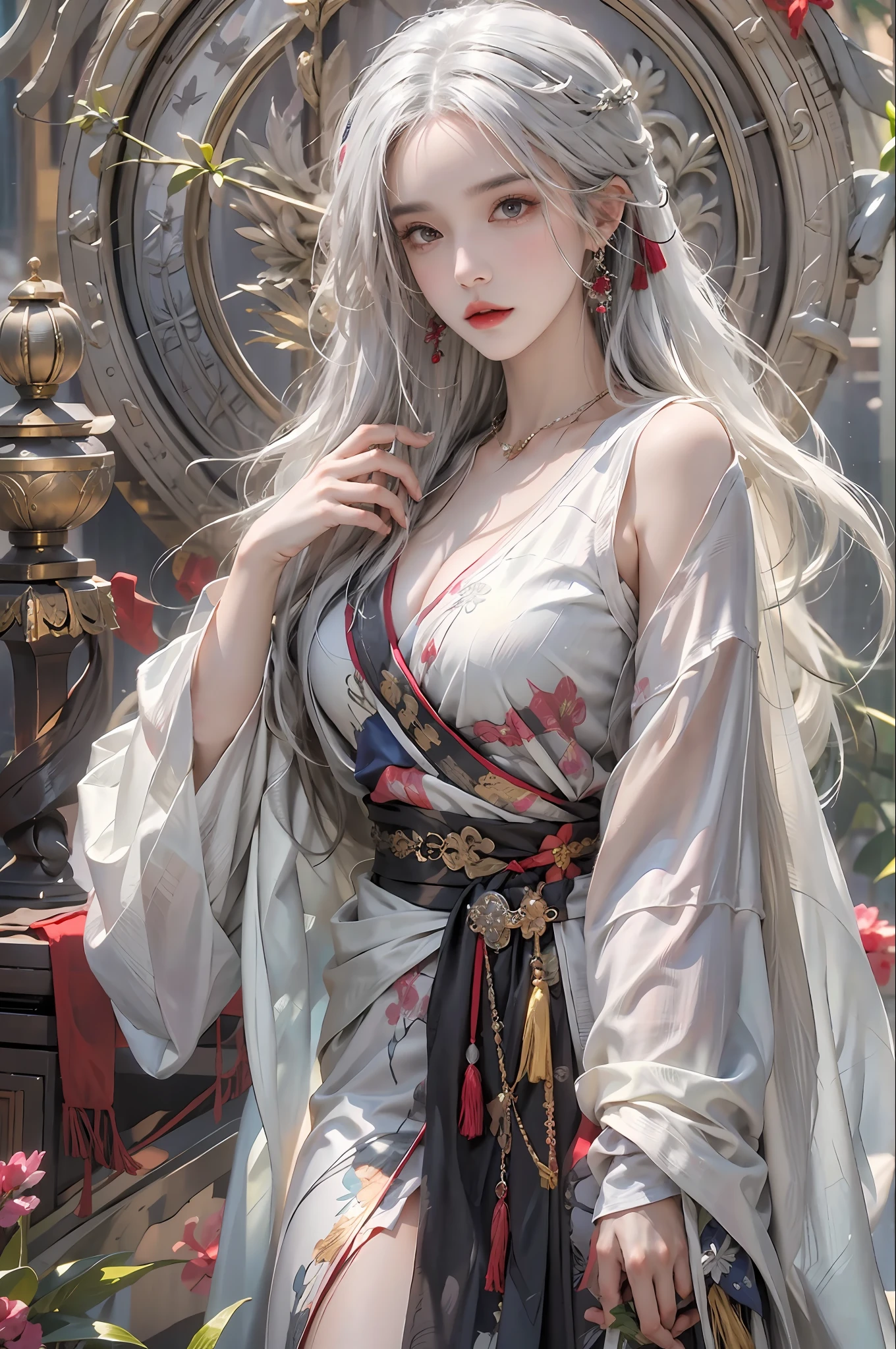 photorealistic, high resolution, 1women, solo, hips up, look at viewer, (detailed face), white hair, long hair, Taoist robe,oversized clothes, jewelry, midjourney portrait