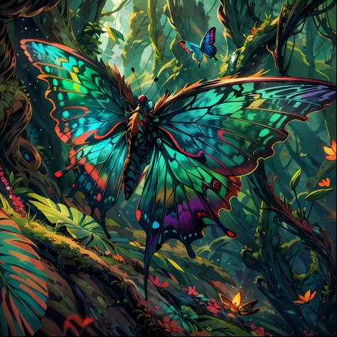 close shot  of a colorful butterfly, big wings, detailed, detailed wings, the butterfly is flying on a big leaf inside an alien forest , glowing wings, crystal like ,focus, alien landscape background .BREAK,Detailed,Realistic,4k highly detailed digital art...