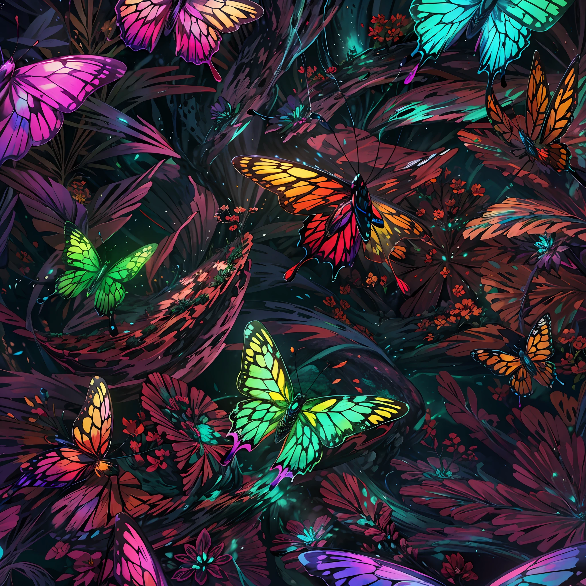 close shot  of a 顏色ful butterfly, 大翅膀, 詳細的, 詳細的 wings, 蝴蝶在外星森林裡的一片大葉子上飛翔 , 發光的翅膀, 水晶般的 ,重點, 外星風景背景 .休息,詳細的,實際的,4k highly 詳細的 digital art,辛烷渲染, 生物發光, 休息 8K resolution concept art, 現實主義,由Mappa工作室設計,傑作,最好的品質,官方藝術,插圖,清晰的線條,(涼爽的_顏色),完美的構圖,荒謬的, 幻想,重點ed,三分法,