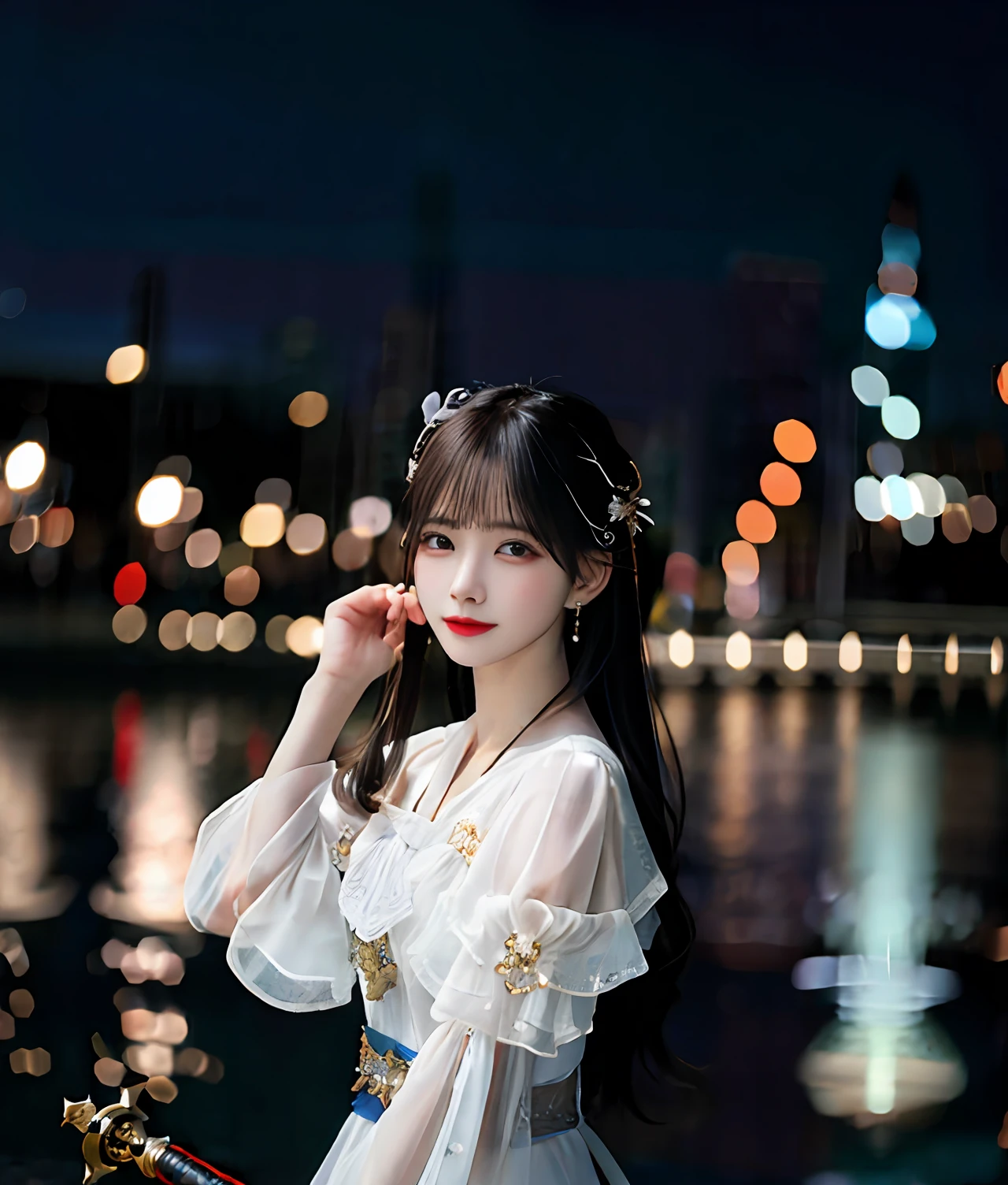 (realisticity: 1.2), best quality, masterpiece, highres, cg,
1girl, weapon, sword, long hair, dress, water, solo, jewelry, white dress, earrings, hair ornament, splashing, upper body super realistis, hair bun, black hair, city bacgraun realistis,
lighting,candid, Photograph, high resolution, 4k, 8k, Bokeh,