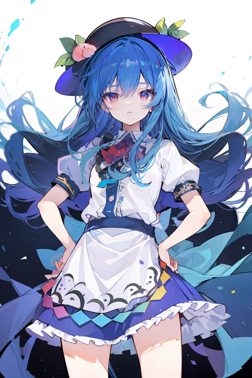 (masterpiece),best quality, expressive eyes, perfect face, 1girl,
 hands on waist,beautiful, gorgeous,anime,girl,lora,hinanawi tenshi, blue hair, blue haired, floating clothes,waist grab, grabbing waist, mains sur les hanches , hands on hips,flat chest