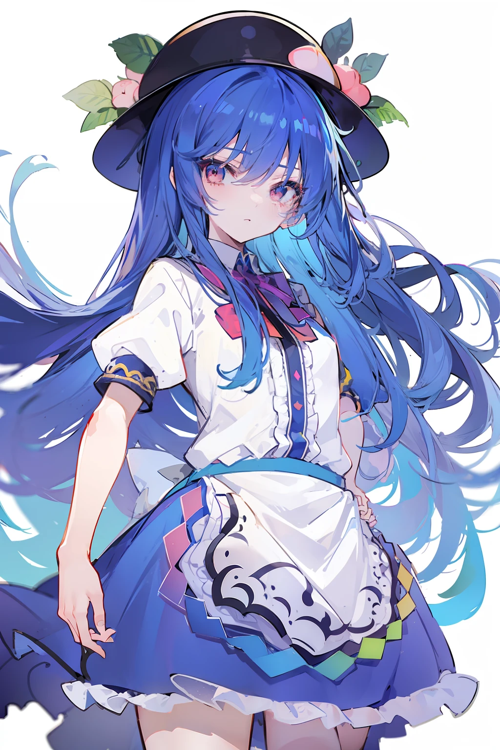 (masterpiece),best quality, expressive eyes, perfect face, 1girl,
 hands on waist,beautiful, gorgeous,anime,girl,lora,hinanawi tenshi, blue hair, blue haired, floating clothes,waist grab, grabbing waist, mains sur les hanches , hands on hips,flat chest