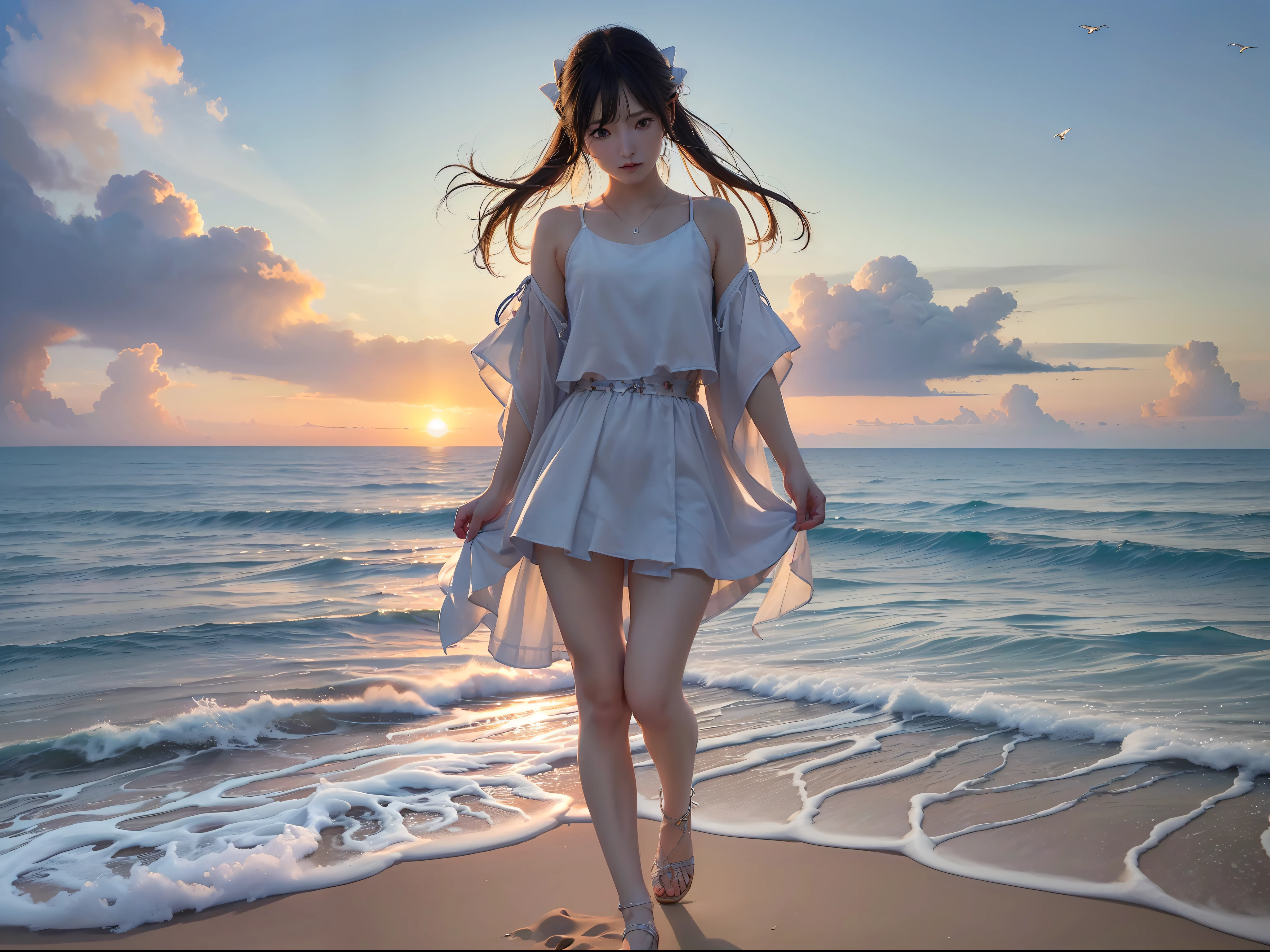 (((Surreal)))、(((hight resolution)))、(in 8K)、 (((ighly detailed)))、(top-quality、​masterpiece:1.3)、((sharpnes))、ciinematic light、Full view、the beach、White sandy beach、Girl Walking On The Beach、Distant horizon、Distant waves、Flying birds、Into the cloud、Bright sun、The sun rises high、Mid summer、By Shinkai Makoto