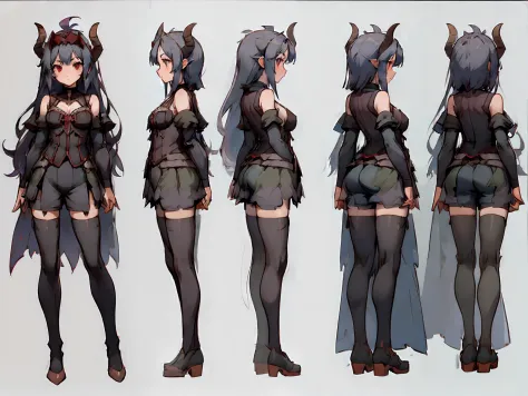 ((masterpiece)),(((best quality))),((character design sheet,same character,front,side,back)),illustration,1 girl,long hair,hair on eyes,beautiful eyes,environment Scene change, pose too, female demon, horns, thighhighs, charturnbetalora, (simple background...