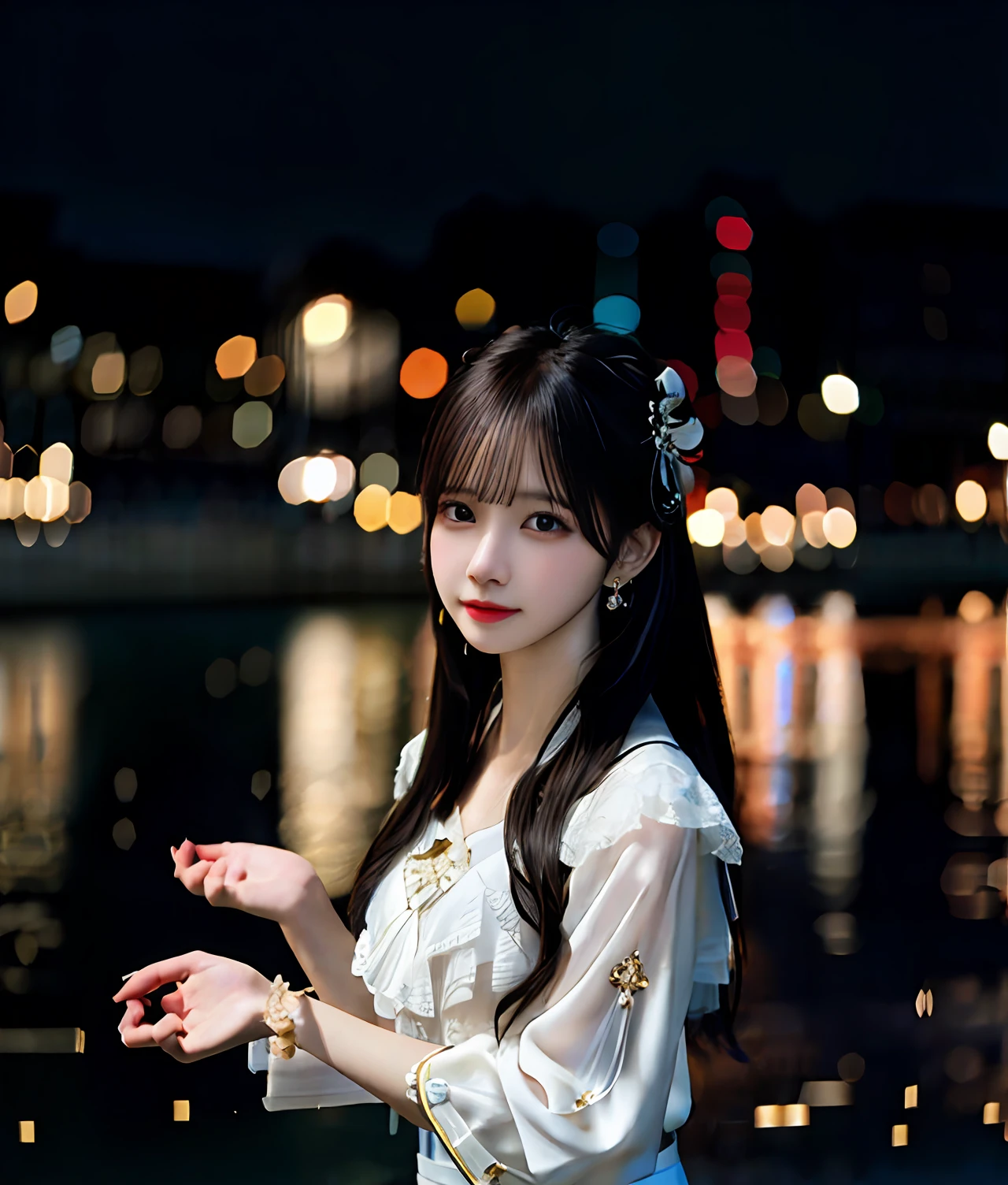 (realisticity: 1.2), best quality, masterpiece, highres, cg,
1girl, weapon, sword, long hair, dress, water, solo, jewelry, white dress, earrings, hair ornament, splashing, upper body super realistis, hair bun, black hair, city bacgraun realistis,
lighting,candid, Photograph, high resolution, 4k, 8k, Bokeh,