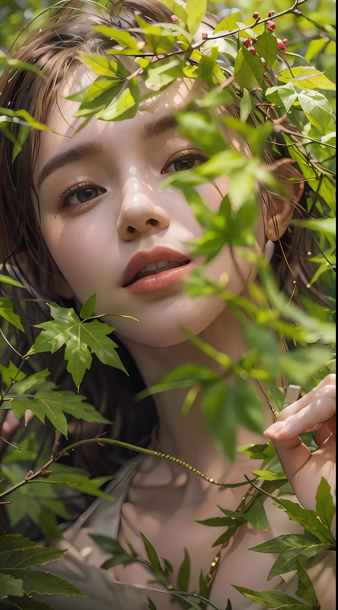 one-girl，shift dresses，Barefoot，Exquisite facial features，The face is clear and detailed，
exteriors，the rainforest，
in the afternoon，Dingdall effect，
fully body photo，中景 the scene is，depth of fields，
The wind blows through the maple leaves，dust kicked up,
tmasterpiece, hyper HD, Best picture quality, A high resolution,16k, hyper-high detail，
photorealestic，