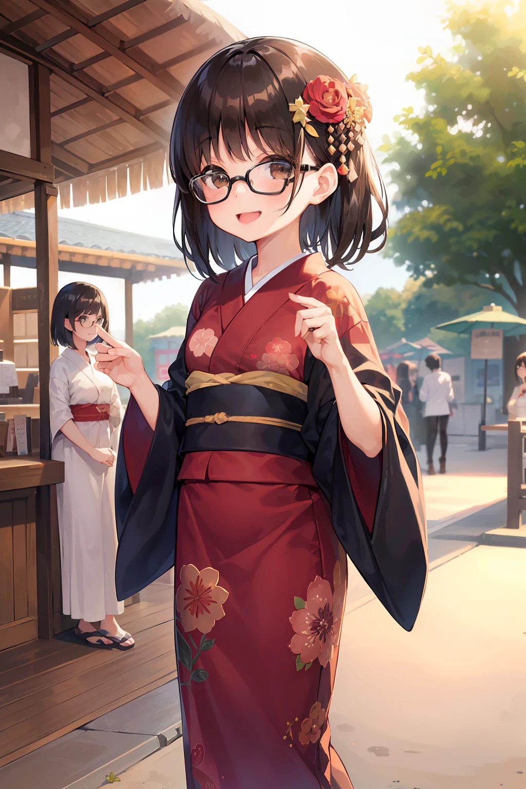 (girl with、Gamine、A dark-haired、short-hair、straight haired、hair adornments、Light brown eyes、A smile、wearing black glasses、small 、cute  face)、​masterpiece、top-quality、NOWAI、There are many stalls lined up、There are many customers、Japanese Yukata、Full body size