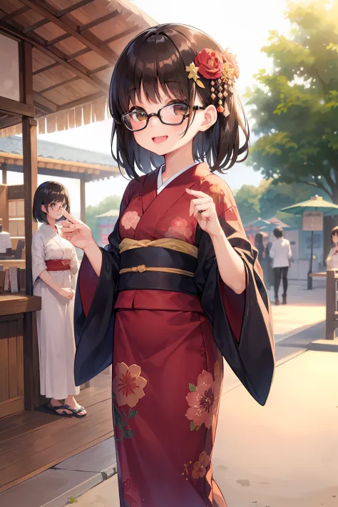 (girl with、Gamine、A dark-haired、short-hair、straight haired、hair adornments、Light brown eyes、A smile、wearing black glasses、small ...