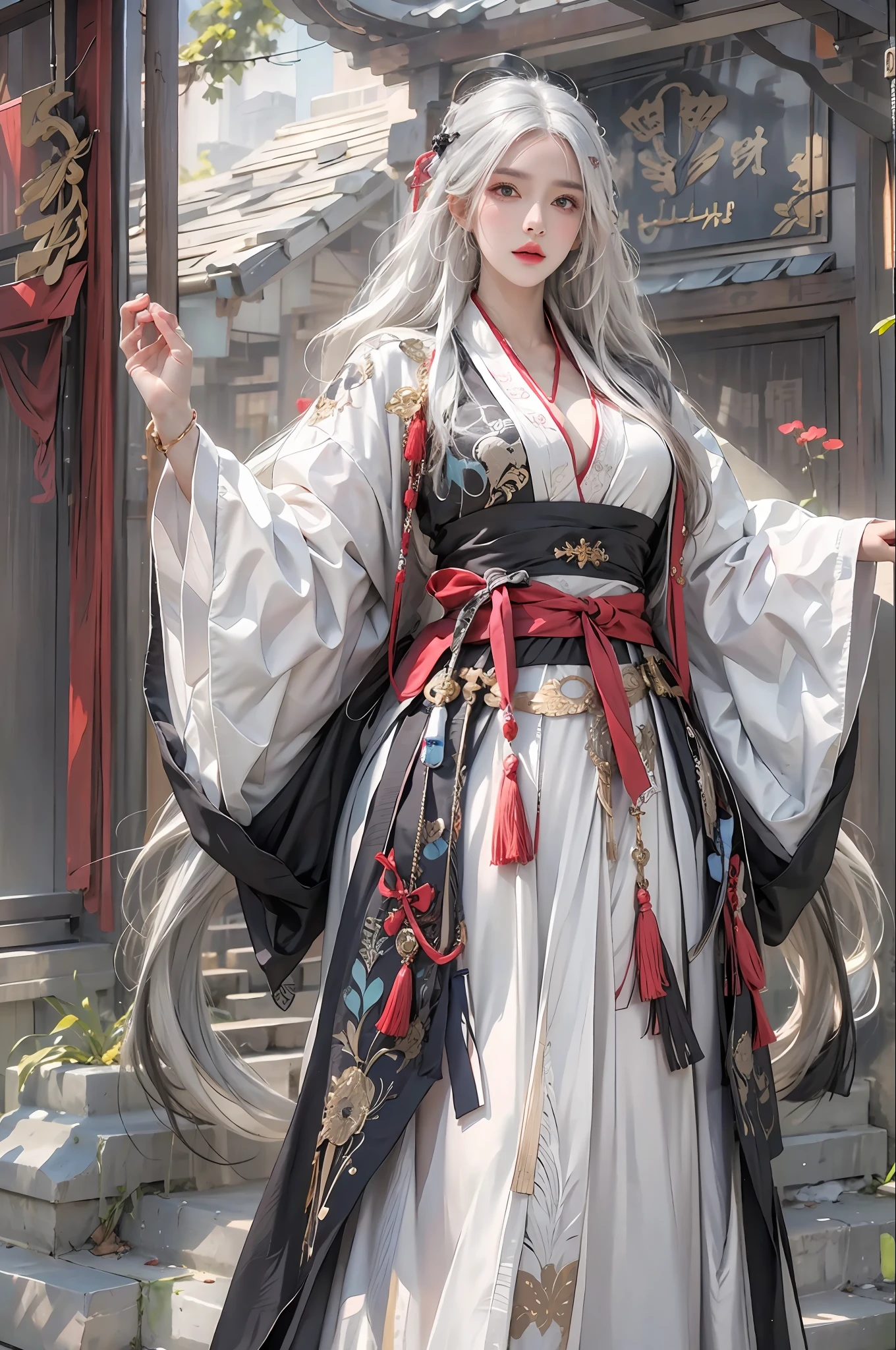 photorealistic, high resolution, 1women, solo, hips up, look at viewer, (detailed face), white hair, long hair, Taoist robe,oversized clothes, jewelry, midjourney portrait