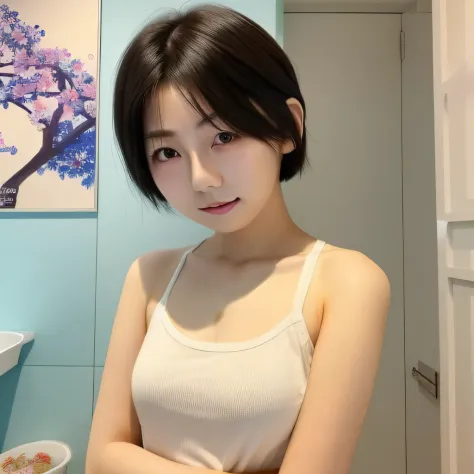 1girl, chinese girl, 21 years old, solo, behind arms, 3/4 shot, young sexy gravure idol, young beautiful gravure idol, reality, best quality, instgram, bare shoulders, white shirt, short hair