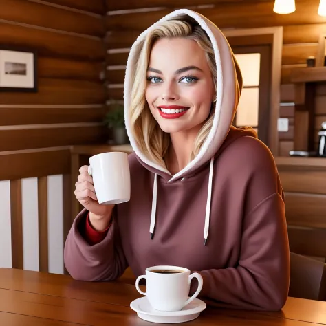 margot robbie, cute, beautiful eyes, cozy, cabin, hoodie, sleeves over hands holding coffee, looking at viewer, red lipstick, sm...