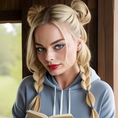 margot robbie, cute, beautiful eyes, cozy, cabin, hoodie, reading book, looking at viewer, red lipstick, serious, big tits, beau...