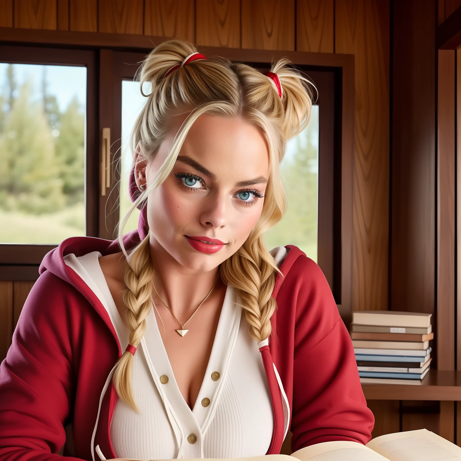 Margot robbie, cute, beautiful eyes, cozy, cabin, hoodie, reading book, looking at viewer, red lipstick, serious, big tits, beautiful tits, pigtails