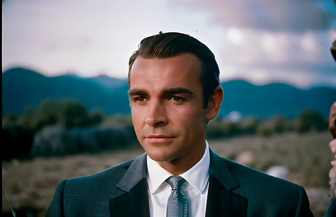 awardwinning (portrait photo:1.4) handsome man's, sirsean, dressed in a white suit, stand beside a silver aston martin db5 car, ...