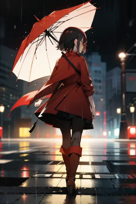 a girl with a red umbrella wearing black boots and a red raincoat, it's raining, blurred city background, city, street, traffic,...