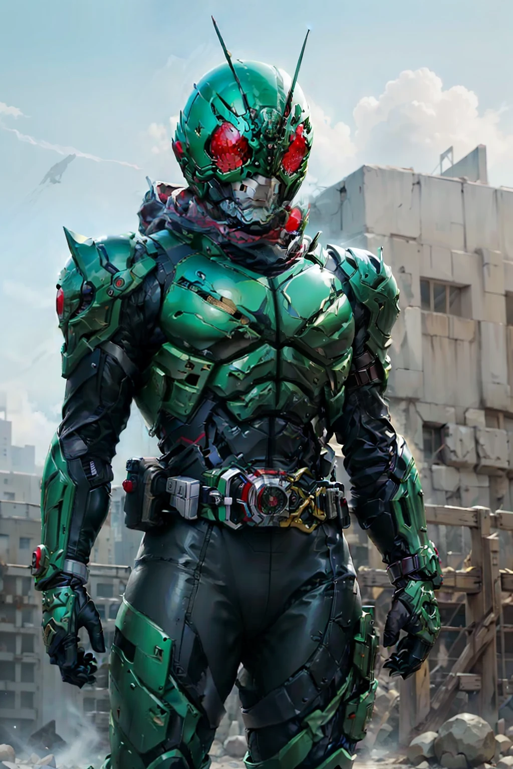 Obra de arte, mais alta qualidade, ilustração, body verde, cachecol vermelho, mascarar, capacete, Tokusatsu, cinto, Uniforme de combate verde escuro, Grasshopper mascarar, Sozinho, corpo todo, veio,