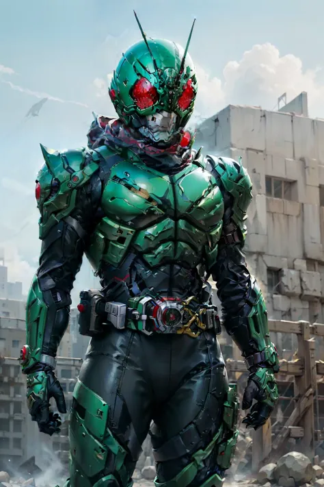 masterpiece, highest quality, illustration, green bodysuit, red scarf, mask, helmet, tokusatsu, belt, Dark green combat uniform,...
