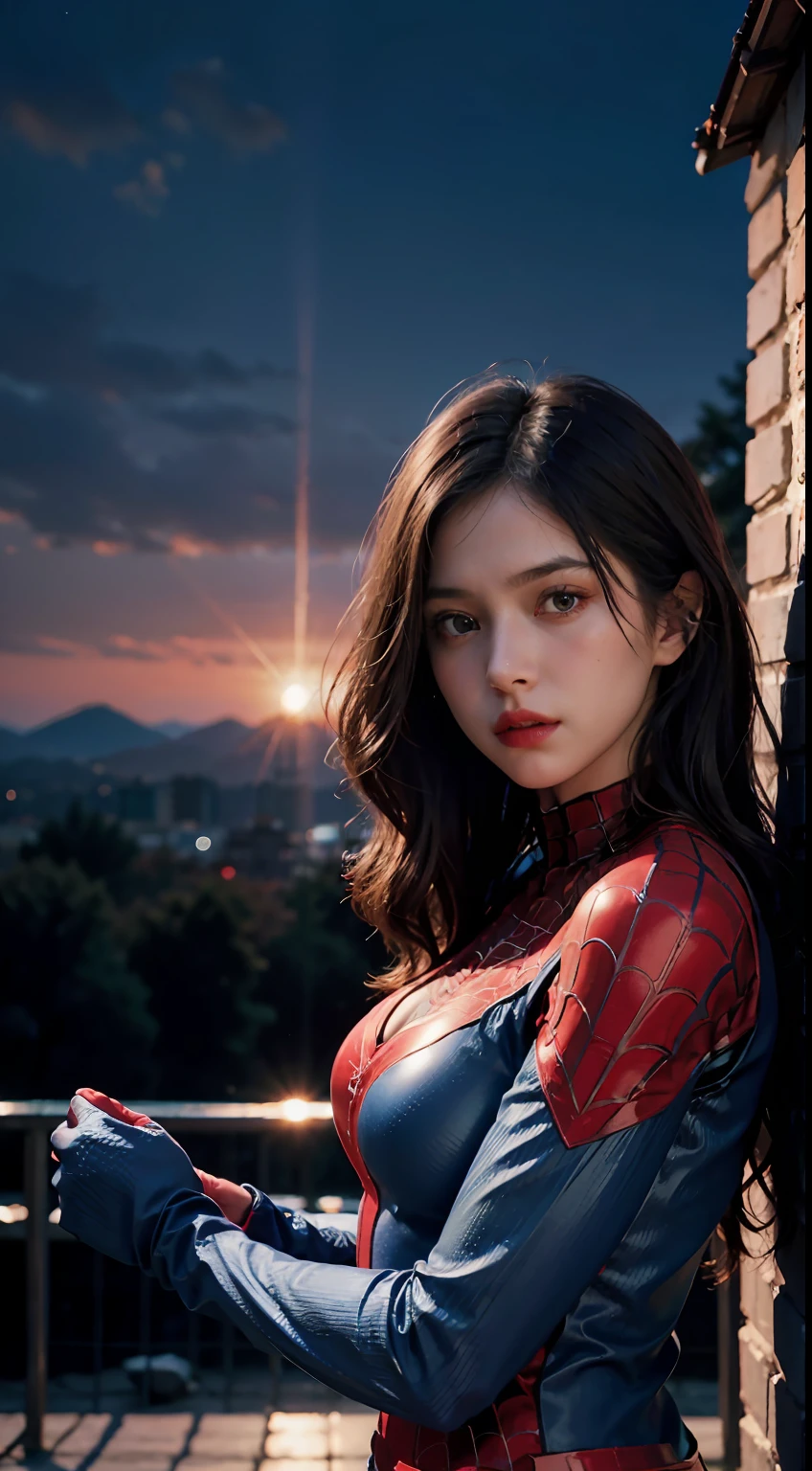 (wearing spiderwoman_cosplay_outfit:1.1), in front of a sky, (red and blue outfit:1.3),
good hand,4k, high-res, masterpiece, best quality, head:1.3,((Hasselblad photography)), finely detailed skin, sharp focus, (cinematic lighting), night, soft lighting, dynamic angle, [:(detailed face:1.2):0.2], medium breasts, outside,