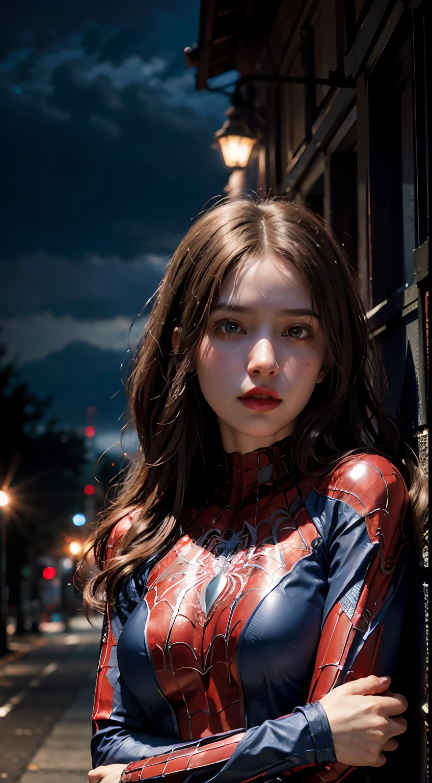 (wearing spiderwoman_cosplay_outfit:1.1), in front of a sky, (red and blue outfit:1.3),
good hand,4k, high-res, masterpiece, best quality, head:1.3,((Hasselblad photography)), finely detailed skin, sharp focus, (cinematic lighting), night, soft lighting, dynamic angle, [:(detailed face:1.2):0.2], medium breasts, outside,