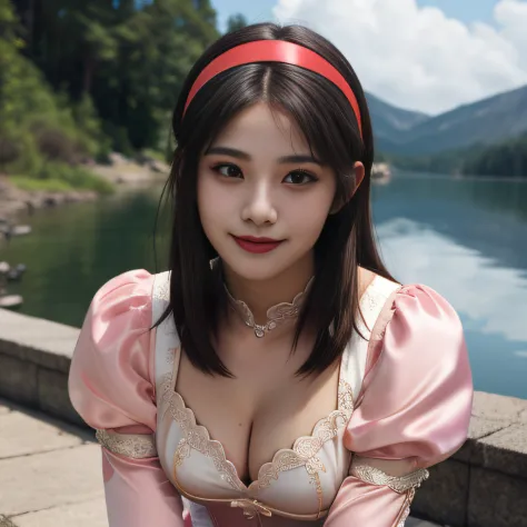 xianghua,brown eyes,short hair with long locks,lips,  brown hair,  solo, upper body,  cute,  smiling,  blush,  
xiaRobe, short red dress  , tight red thighhighs ,cleavage cutout ,hairband, detached sleeves ,jewelry, puffy sleeves, white panties,  sweat, 
l...