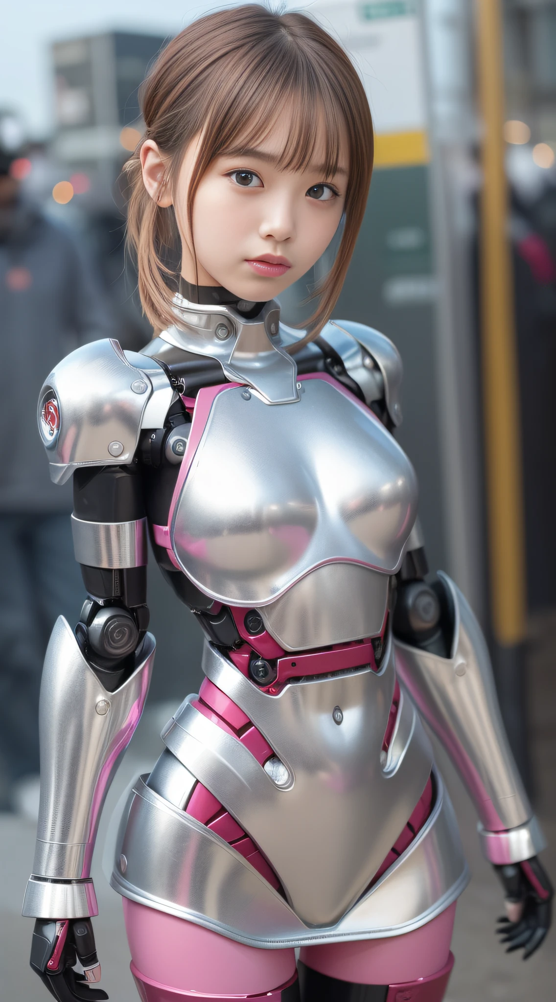 (Photorealsitic:1.4)、Onegirl、(top-quality),(hyperdetailed face)、(Super well-formed face)、((Robot Parts))、(Cyborg girl)、(pink there)、(Burgundy)、(metalic)、(fullllbody)、(sexy  pose)、(Slender body)、(tits out)、(Model body type)、(mecha exposure)、(akihabara)、(is looking at the camera)、(A dark-haired)、(９Head and body)、(a small face)、(Idol)、(front facing)、(is standing)、(Photo session)、(Looks sad)、(Cyborg girl in silver satin dress)、(sleeve less)、(a miniskirt)、(Ｋ－ＰＯＰthe wind)