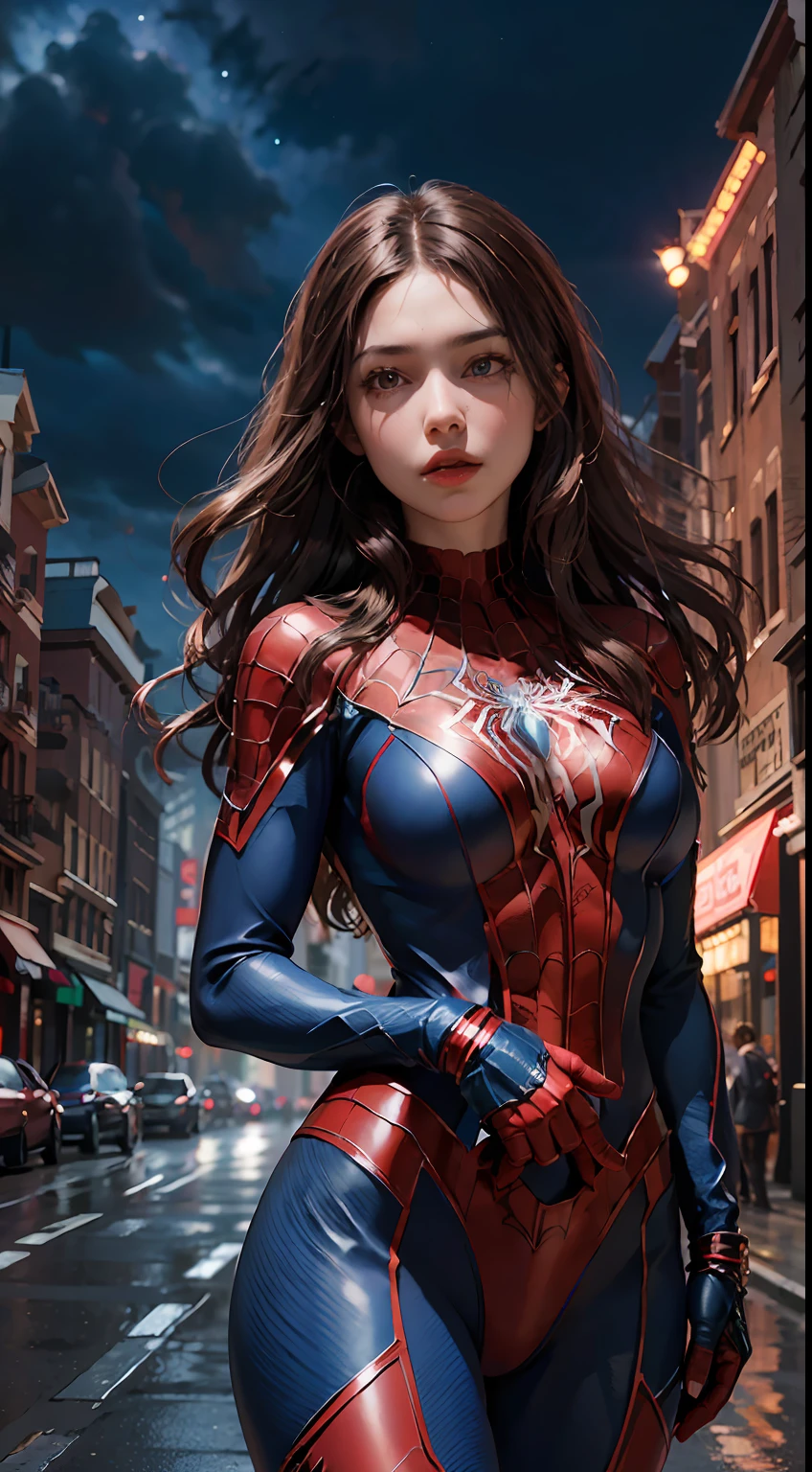 (wearing spiderwoman_cosplay_outfit:1.1), in front of a sky, (red and blue outfit:1.3),
good hand,4k, high-res, masterpiece, best quality, head:1.3,((Hasselblad photography)), finely detailed skin, sharp focus, (cinematic lighting), night, soft lighting, dynamic angle, [:(detailed face:1.2):0.2], medium breasts, outside,