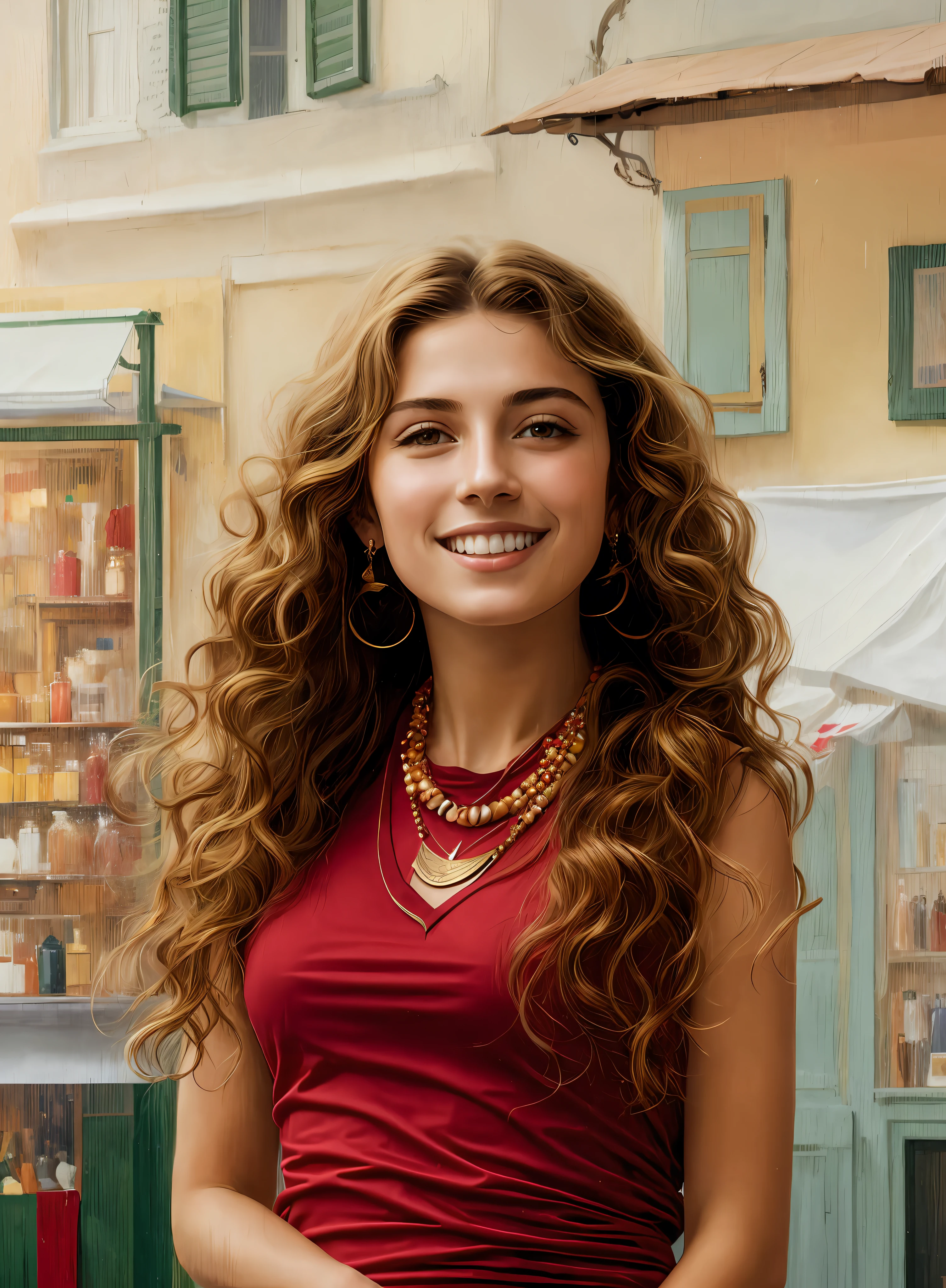 Masterpiece, best quality, painting in style of villard, an Italian girl standing in front of her souvenir shop, smiling, long russet hair, red T-shirt, shell necklace, sleeveless vest, plump chest