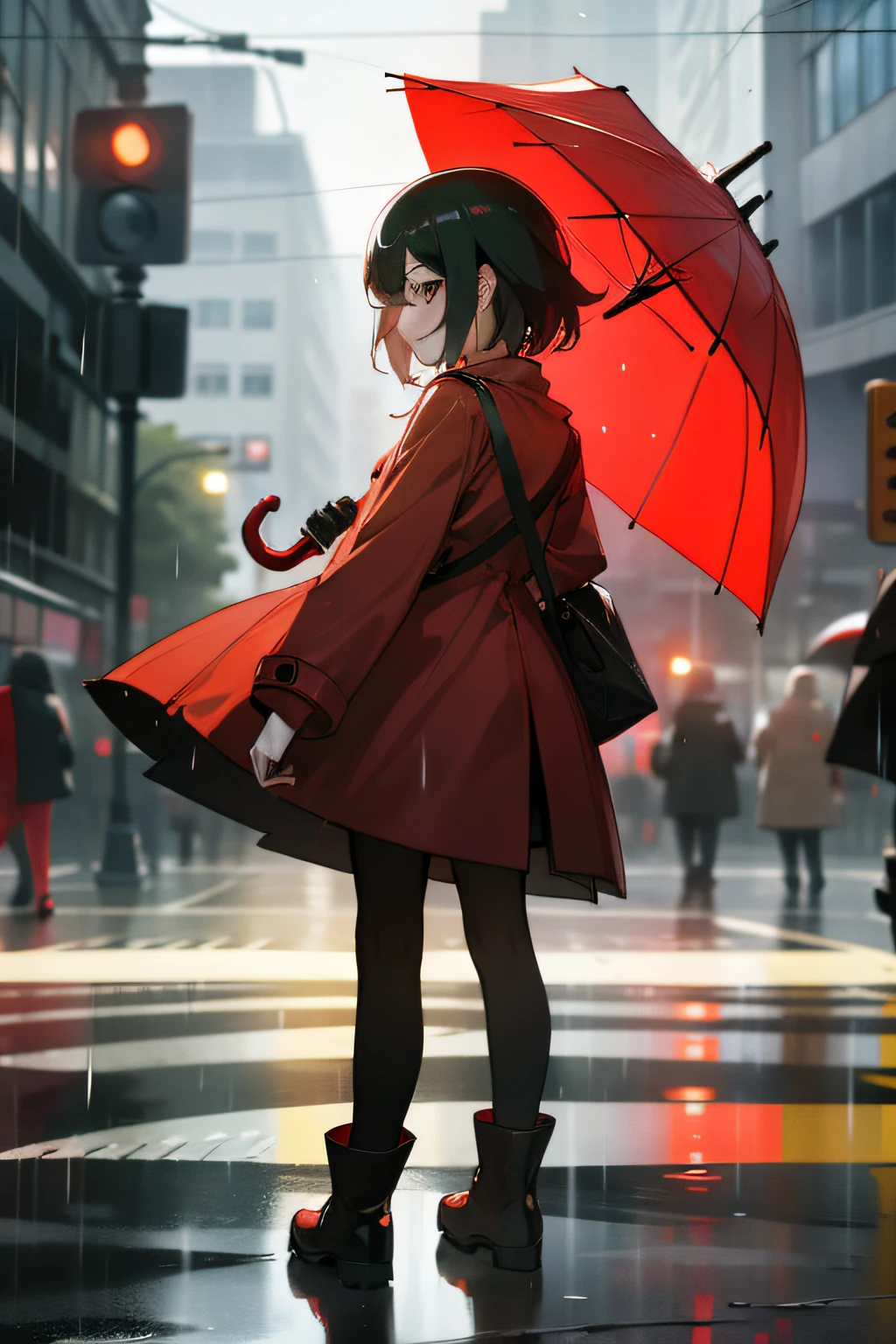 a girl with a red umbrella wearing black boots and a red raincoat, it's raining, blurred city background, city, street, traffic, crosswalk, girl from the back, back, girl holding umbrella, back, behind