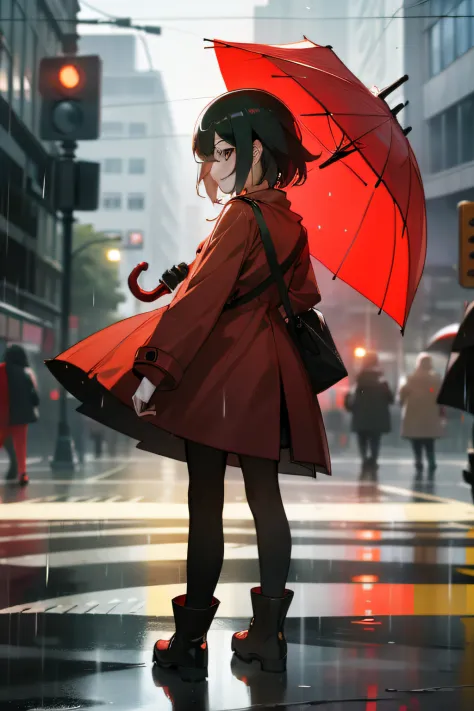 a girl with a red umbrella wearing black boots and a red raincoat, it's raining, blurred city background, city, street, traffic,...