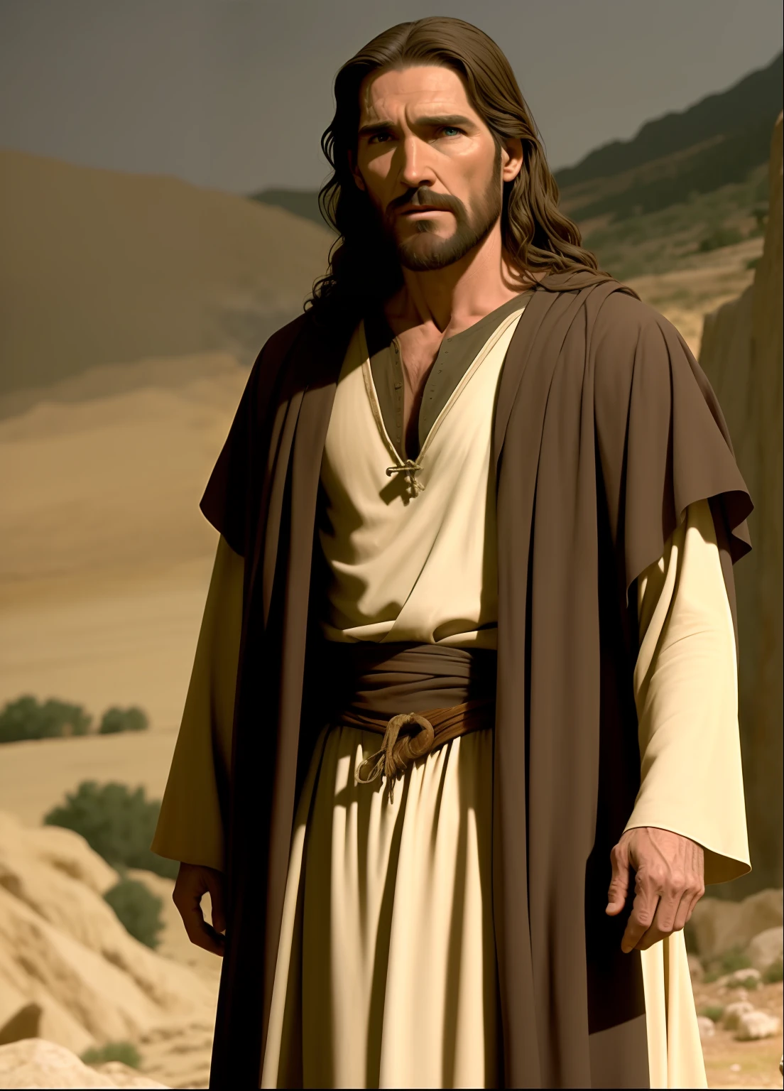 Jesus no Sermão da Montanha,  A Série Escolhida, rosto realistico, cinematografico, Tiago Caviezel, roupas do ano 1,