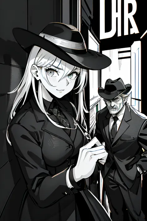 Anime - style illustration of a woman in a hat and a man in a suit, noir detective and a fedora, Detective Suit, anya from spy x...