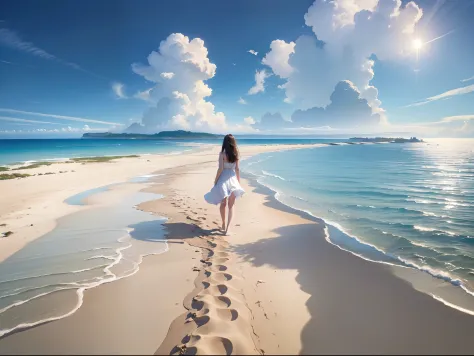 (((Surreal)))、(((hight resolution)))、(in 8K)、 (((ighly detailed)))、(top-quality、​masterpiece:1.3)、((sharpnes))、ciinematic light、Full view、the beach、White sandy beach、Girl Walking On The Beach、Distant horizon、Distant waves、Into the cloud、Bright sun、The sun ...