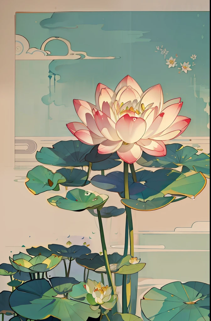 Big lotus leaves, lotus flowers, ink painting style, clean colors, ink style, smudging, decisive cutting, white space, freehand, masterpiece, super detailed, epic composition, high quality, highest quality, lotus fairy, ancient style, Dunhuang flying sky